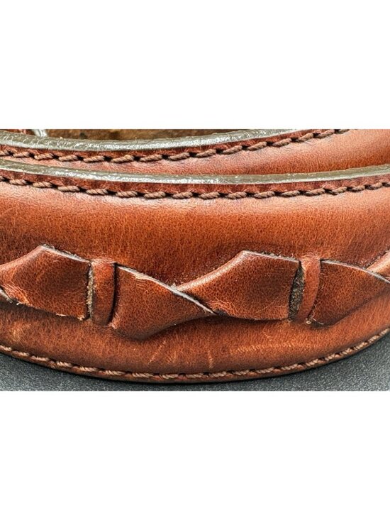 Women\'s Brown Leather Belt Braided Size 32 Stitched Belt Brass Buckle Classic main image 7